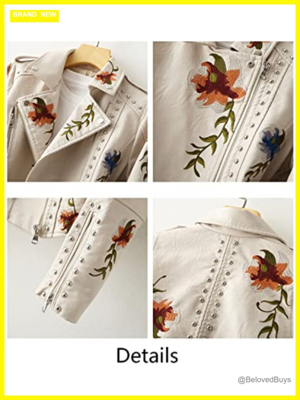 Embroidered Studded Faux Leather Moto Jacket Floral Coat - Picture 5 of 6